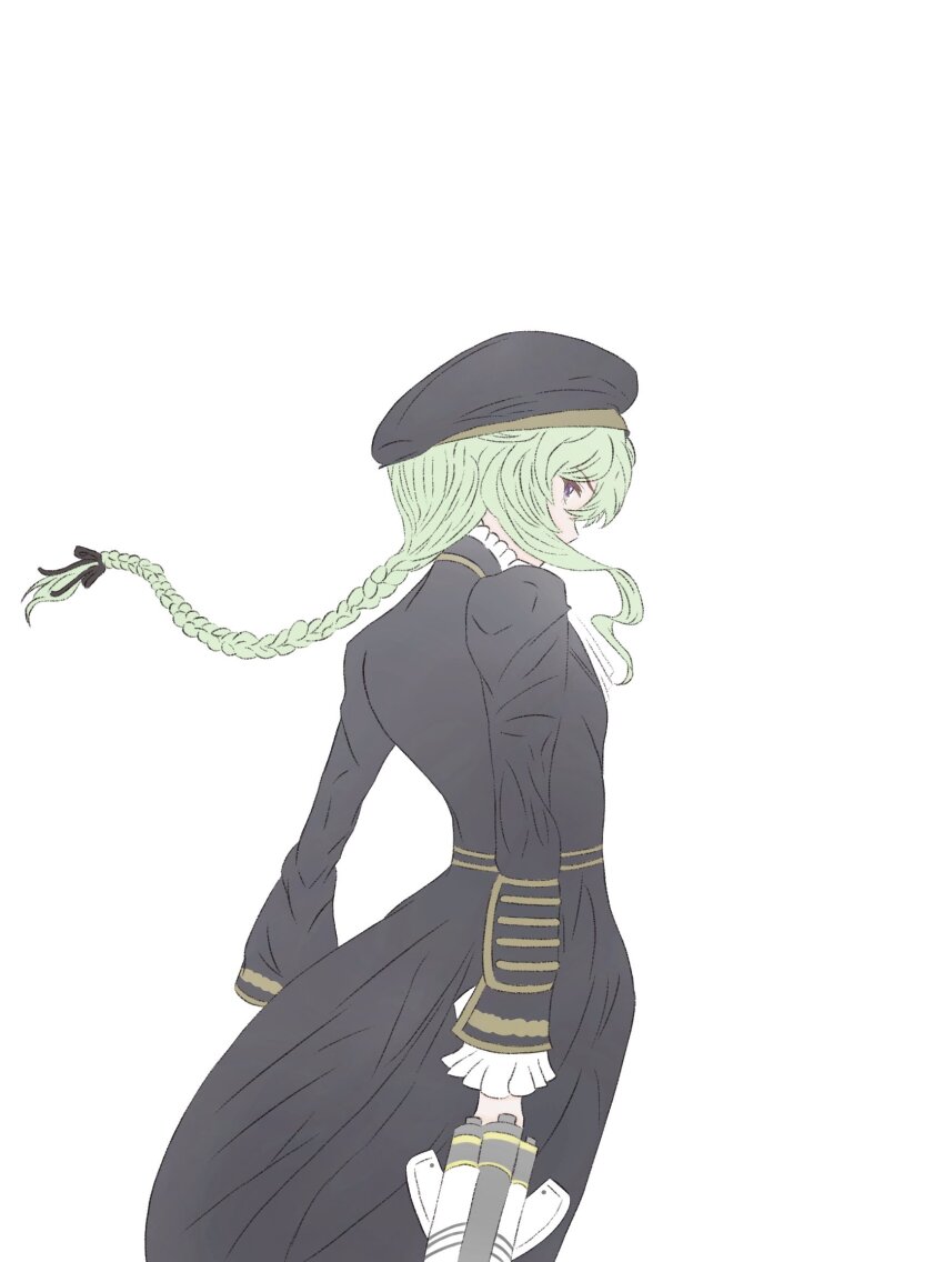 1girl arms_at_sides assault_lily beret black_bow black_dress black_hat bow braid braided_ponytail commentary_request covered_mouth cowboy_shot dress energy floating_hair frilled_sleeves frills from_side hair_bow hair_over_mouth hat highres holding holding_weapon long_hair long_sleeves looking_ahead low_ponytail murakami_tokiwa pickles_(picpicpickles) ponytail profile purple_eyes sidelocks simple_background single_braid standing weapon white_background