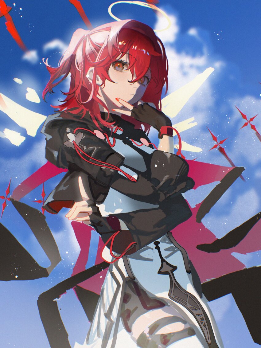 1girl :/ absurdres arknights black_gloves black_jacket closed_mouth cloud cowboy_shot day exusiai_(arknights) exusiai_the_new_covenant_(arknights) fingerless_gloves gloves hair_between_eyes halo highres jacket jiuxiaoshi long_sleeves medium_hair multicolored_jacket nail_polish red_eyes red_hair red_nails shirt sky solo two-tone_jacket v white_shirt wings yellow_halo