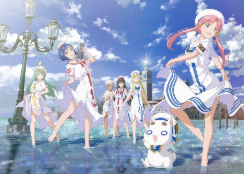 6+girls absurdres aika_granzchesta akira_ferrari alice_carroll alicia_florence aria_(manga) aria_company_uniform aria_pokoteng athena_glory bare_legs barefoot beret blonde_hair blue_bow blue_bowtie blue_eyes blue_sky bow bowtie braid braided_ponytail brown_hair cat cloud cloudy_sky dark-skinned_female dark_skin day dress full_body gold_trim green_eyes green_hair hat highres himeya_company_uniform lamppost leaning_to_the_side lens_flare long_hair looking_at_viewer mizunashi_akari multiple_girls neckerchief official_art open_mouth orange_planet_uniform outdoors parted_bangs pink_hair purple_eyes purple_hair red_bow red_bowtie short_hair short_hair_with_long_locks short_sleeves sidelocks skirt_hold sky smile standing standing_on_one_leg toes wading water white_dress white_headwear yellow_eyes yellow_neckerchief