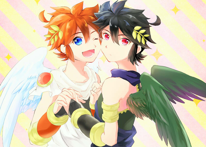 2boys ;d ahoge angel angel_wings armlet black_hair black_undershirt blue_eyes blue_scarf bracer brown_hair commentary_request dark_pit diagonal-striped_background expressionless feathered_wings gold_armlet green_wings hair_between_eyes holding_hands jewelry kid_icarus kid_icarus_uprising laurel_crown looking_at_viewer lower_teeth_only male_focus multiple_boys nari_(naridao0814) nintendo one_eye_closed open_mouth pit_(kid_icarus) red_eyes scarf short_hair sidelocks smile sparkle_background striped_background teeth undershirt white_scarf white_wings wings