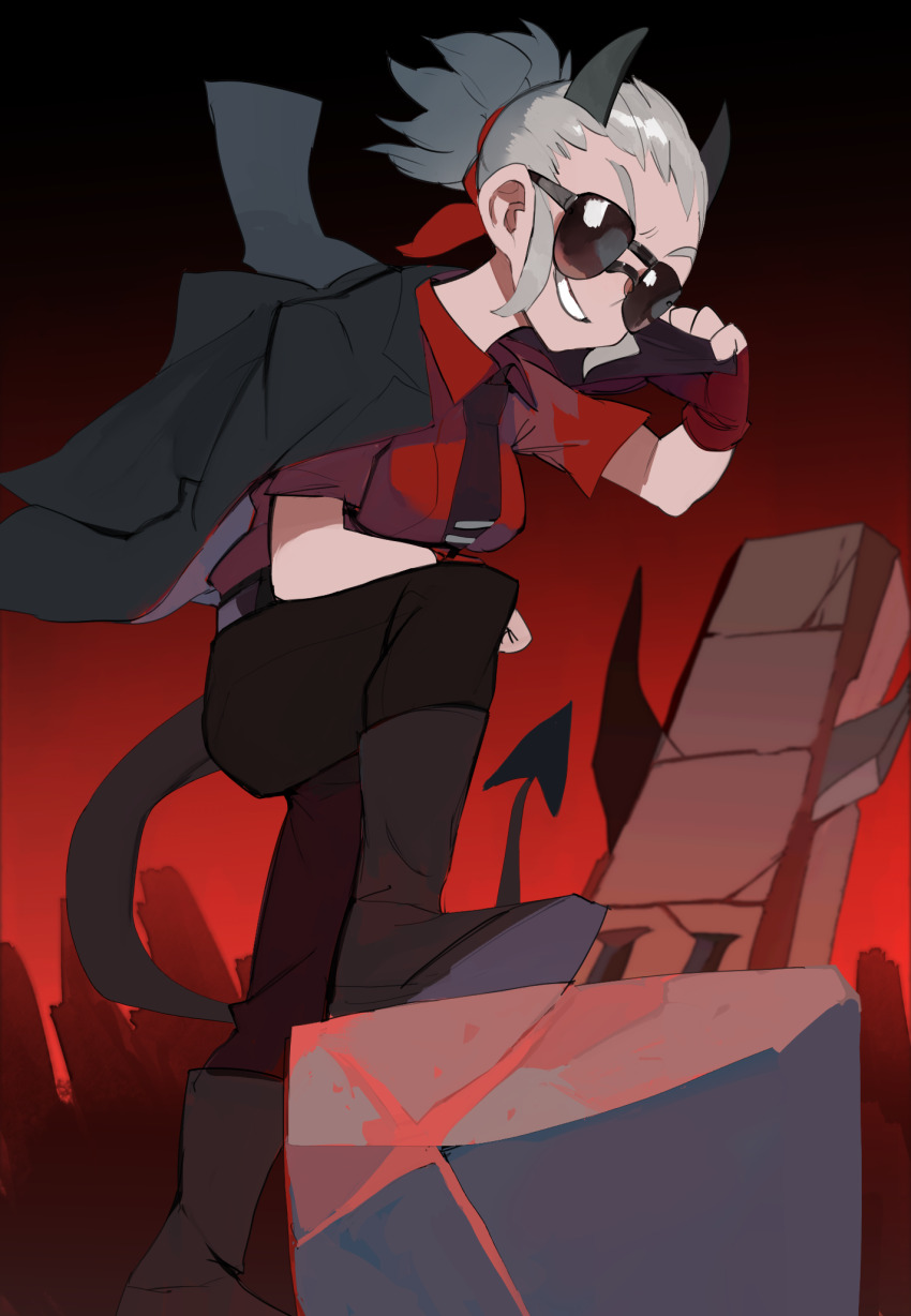 1girl black_boots black_horns black_jacket black_necktie black_pants black_tail boots breasts collared_shirt demon_girl demon_horns demon_tail fingerless_gloves gloves grey_hair grin hair_slicked_back helltaker highres horns jacket jacket_on_shoulders justice_(helltaker) medium_breasts necktie pants ponytail raichiyo red_gloves red_shirt shirt short_hair short_ponytail short_sleeves smile solo sunglasses tail tie_clip