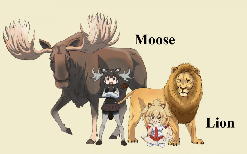 2girls animal_ears beige_background black_footwear black_sweater blonde_hair blouse brown_eyes brown_hair brown_skirt closed_mouth commentary_request creature_and_personification crossed_arms english_text fur_collar grey_legwear grey_shirt head_rest highres indian_style kemono_friends lion lion_(kemono_friends) lion_ears long_hair long_sleeves looking_at_viewer medium_hair messy_hair miniskirt moose moose_(kemono_friends) moose_ears moose_tail multiple_girls name_connection necktie open_mouth pantyhose personification pleated_skirt red_necktie red_skirt shirt shoes short_sleeves simple_background sitting skirt smile standing sweater sweater_vest tail white_footwear white_shirt yamaguchi_yoshimi