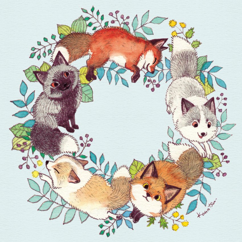 animal animal_focus artist_name closed_mouth commentary dandelion closed_eyes flower fluffy fox highres konatsu_tunacan leaf looking_at_viewer looking_up lying no_humans on_side on_stomach open_mouth orange_eyes original signature sitting sleeping sploot