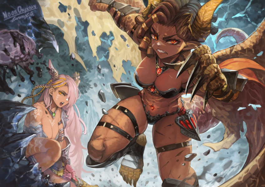 2girls abs arm_guards armor warrior_of_light_(ff14) bikini_armor blonde_hair braid breasts brown_hair cleavage dark-skinned_female dark_skin dragon_girl dragon_horns dragon_tail dragon_wings earclip eguchi_tumoru final_fantasy final_fantasy_xiv glowing glowing_eyes highres horns jewelry large_breasts long_hair multicolored_hair multiple_girls multiple_scars muscular muscular_female navel_piercing necklace pauldrons piercing pink_hair red_eyes ring_hair_ornament scales scar scar_on_breasts scar_on_leg scar_on_stomach shin_guards short_hair shoulder_armor side_braids single_pauldron slit_pupils spiked_pauldrons stomach tail tan very_long_hair warrior wings