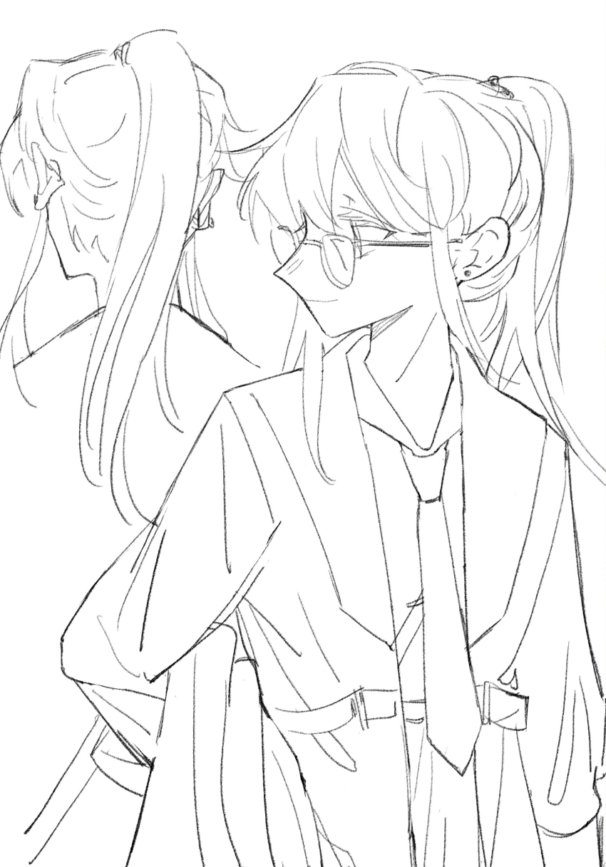 1girl chinese_commentary closed_mouth collared_shirt commentary_request commission earrings glasses greyscale highres jewelry lanserongjie monochrome multiple_views necktie ponytail second-party_source sendai_hazuki shirt shuuniichido_classmate_wo_kau_hanashi smile stud_earrings