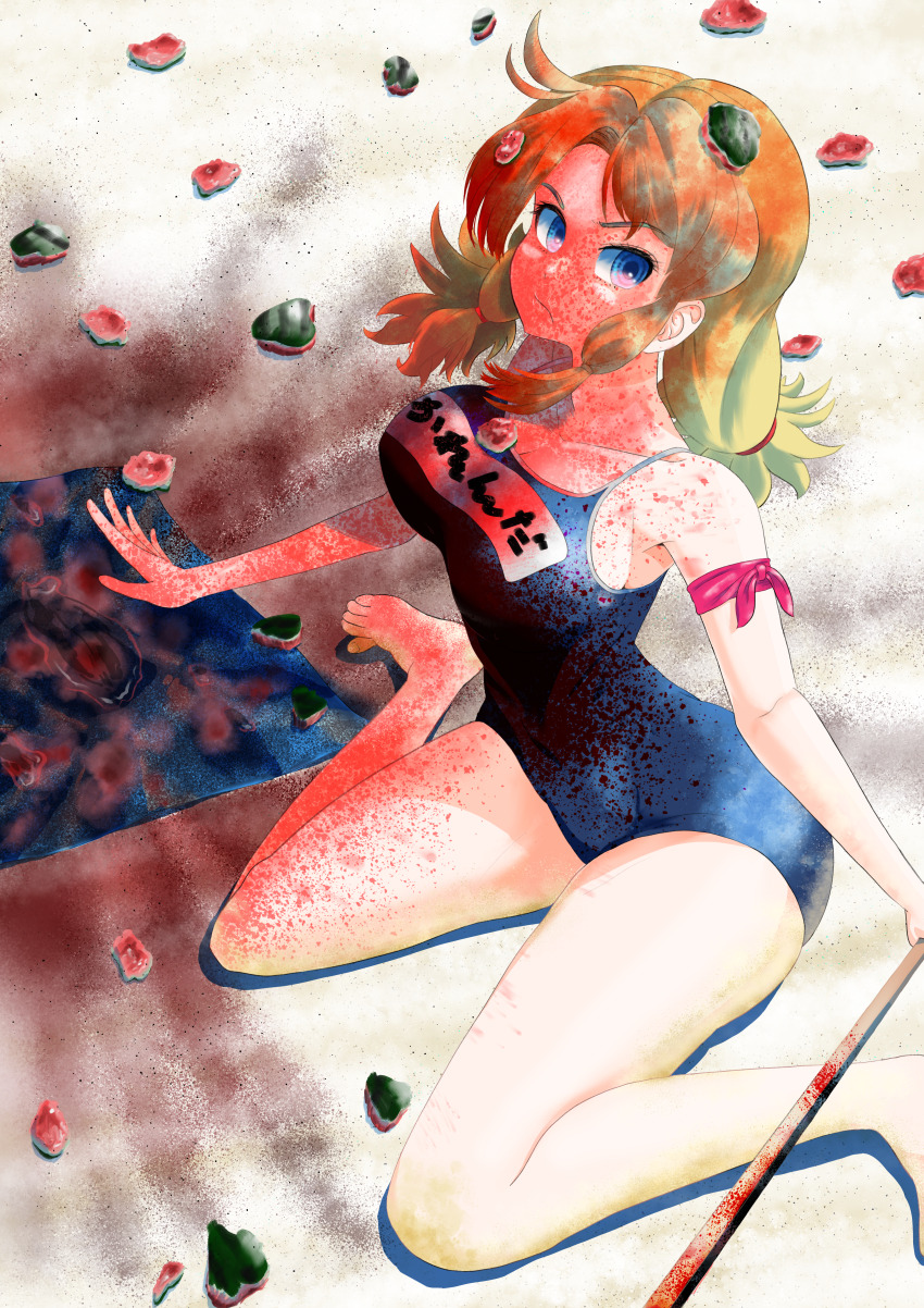 1girl absurdres aburaeoyaji bare_shoulders beach blonde_hair blue_eyes blue_one-piece_swimsuit blush breasts calenda_(kemono_friends) food fruit highres holding holding_stick kemono_friends kemono_friends_3 large_breasts long_hair looking_at_viewer old_school_swimsuit one-piece_swimsuit sand school_swimsuit solo stick suikawari swimsuit twintails watermelon
