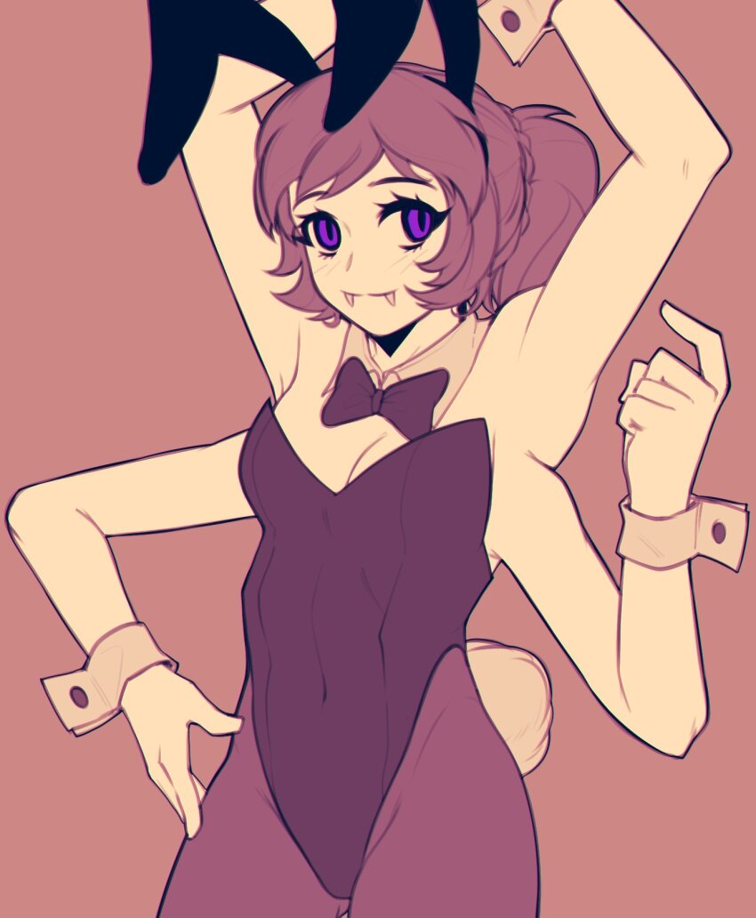 1girl animal_ears arms_up bare_shoulders black_bow black_bowtie black_hairband black_leotard black_pantyhose bow bowtie brown_hair buttoned_cuffs buttons commentary covered_navel cowboy_shot detached_collar english_commentary extra_arms fake_animal_ears fake_tail fujimna hairband highres leotard nelly_(xyronii) original pantyhose playboy_bunny ponytail purple_eyes rabbit_ears rabbit_tail simple_background solo tail wrist_cuffs