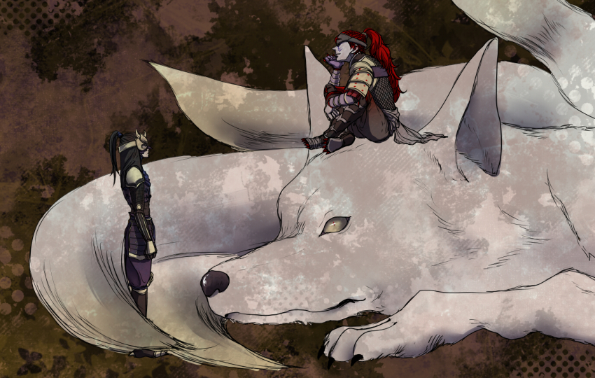 armor colored_skin fox fuuma_kotarou grey_skin hattori_hanzo kitsune kyuubi mask multiple_tails ponytail red_hair sengoku_musou tail