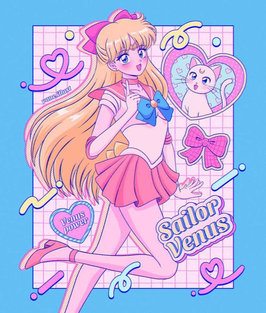 1girl aino_minako artemis_(sailor_moon) bishoujo_senshi_sailor_moon blonde_hair blue_bow blue_eyes blush border bow cat gloves heart high_heels highres long_hair looking_at_viewer magical_girl miniskirt muted_color red_bow sailor_venus short_sleeves skirt vane.illust very_long_hair white_cat