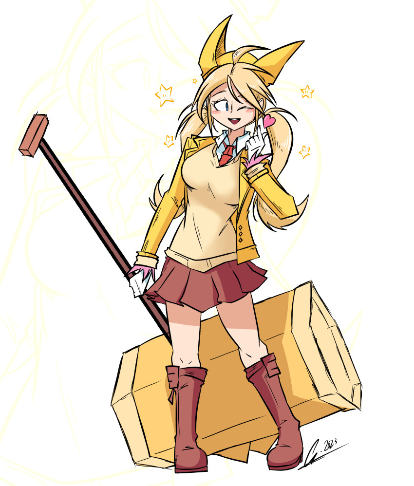 1girl absurdres ahoge blazer blonde_hair blue_eyes blush_stickers boots brown_boots brown_skirt collared_jacket collared_shirt commentary emeruga eyelashes feather-trimmed_sleeves full_body gloves hammer happy hat heart highres holding holding_hammer huge_weapon jacket knee_boots knees lapels long_hair long_sleeves low_twintails mario_(series) miniskirt necktie nintendo notched_lapels olivia_(paper_mario) one_eye_closed open_clothes open_jacket open_mouth paper_mario paper_mario:_the_origami_king personification pleated_skirt red_necktie school_uniform shirt shirt_under_sweater signature skirt smile solo standing star_(symbol) sweater swept_bangs symbol-only_commentary teeth twintails upper_teeth_only v-neck weapon white_background white_gloves white_shirt yellow_hat yellow_jacket yellow_sweater