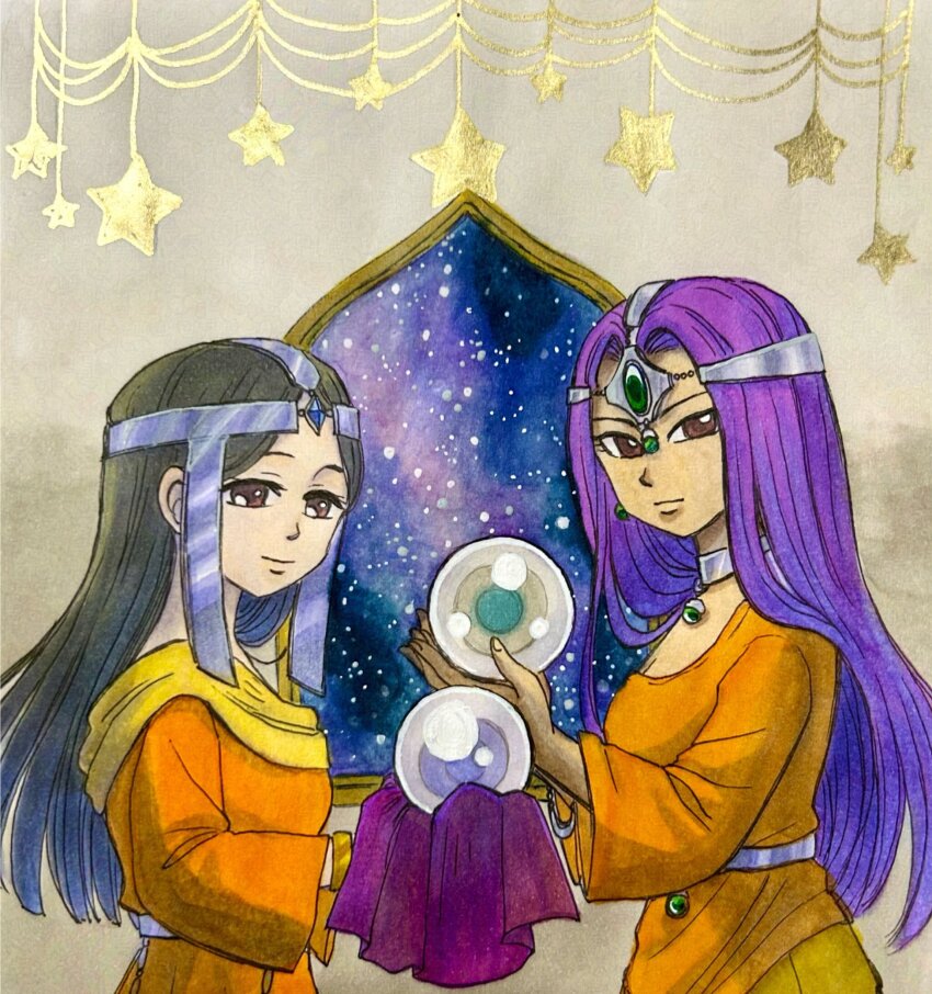 2girls asymmetrical_dress black_hair blue_gemstone bracelet brown_eyes circlet commission crystal_ball curtained_hair dark-skinned_female dark_skin dragon_quest dragon_quest_dai_no_daibouken dragon_quest_iv dress earrings eihire_dotama expressionless forehead_jewel gem gold_bracelet green_gemstone handkerchief highres holding holding_cloth holding_handkerchief holding_orb jewelry light_smile long_hair long_sleeves looking_at_viewer merle_(dai_no_daibouken) metal_belt minea_(dq4) multiple_girls neck_ring night night_sky orange_dress orb parted_bangs purple_hair silver_circlet single_bare_shoulder single_sleeve sky sphere_earrings star_(sky) star_(symbol) starry_sky window