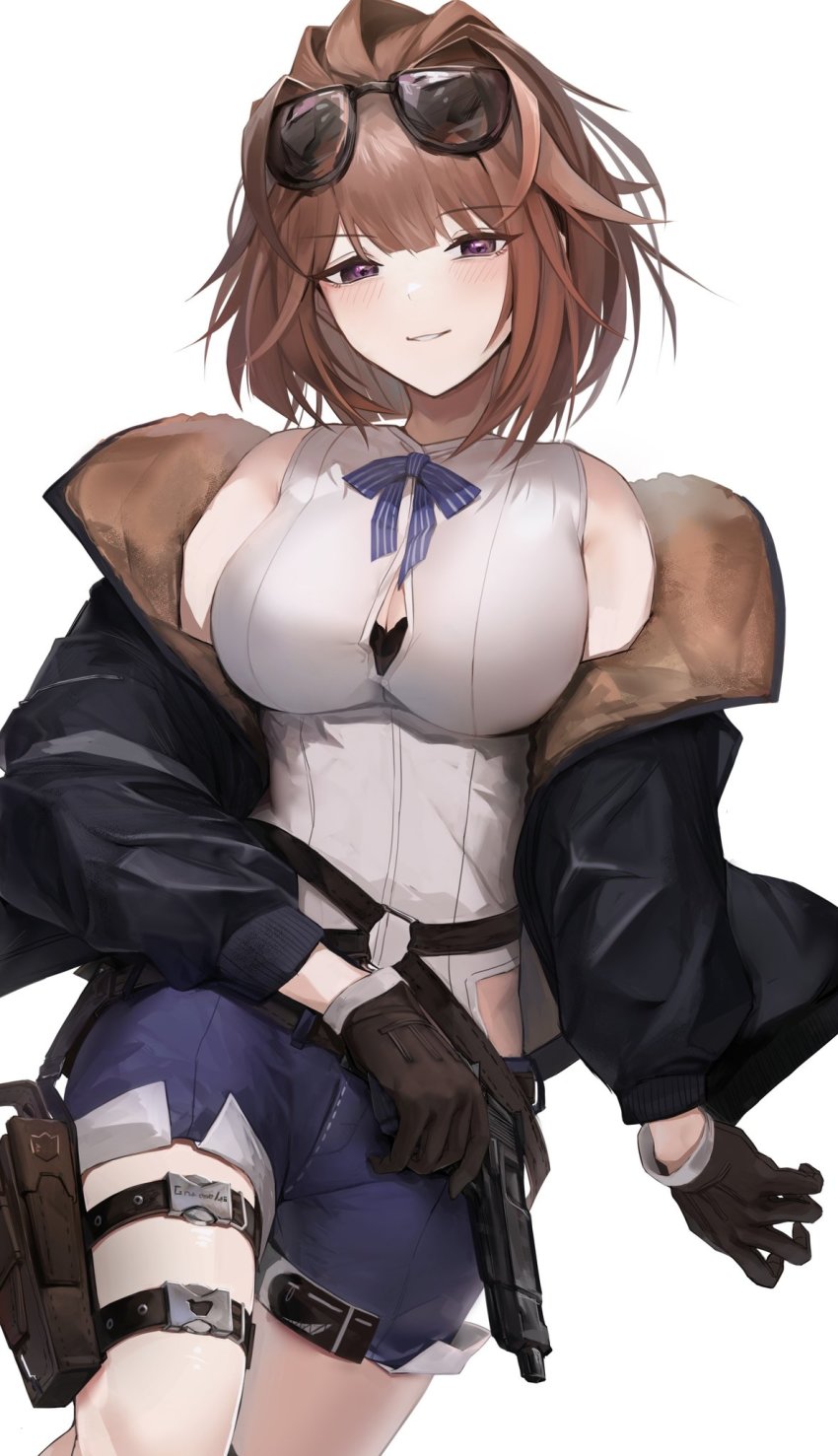 1girl bad_id bad_twitter_id black_bra black_jacket blue_neckwear bra bra_peek breasts brown_gloves brown_hair button_gap denim denim_shorts eyewear_on_head girls&#039;_frontline gloves grizzly_mkv_(girls&#039;_frontline) gun handgun highres holding holding_gun holding_weapon jaaku_(ra_9rara) jacket l.a.r._manufacturing lar_grizzly_win_mag large_breasts long_sleeves off_shoulder purple_eyes shirt short_hair shorts simple_background sleeveless sleeveless_shirt solo sunglasses thigh_strap underwear weapon white_background white_shirt