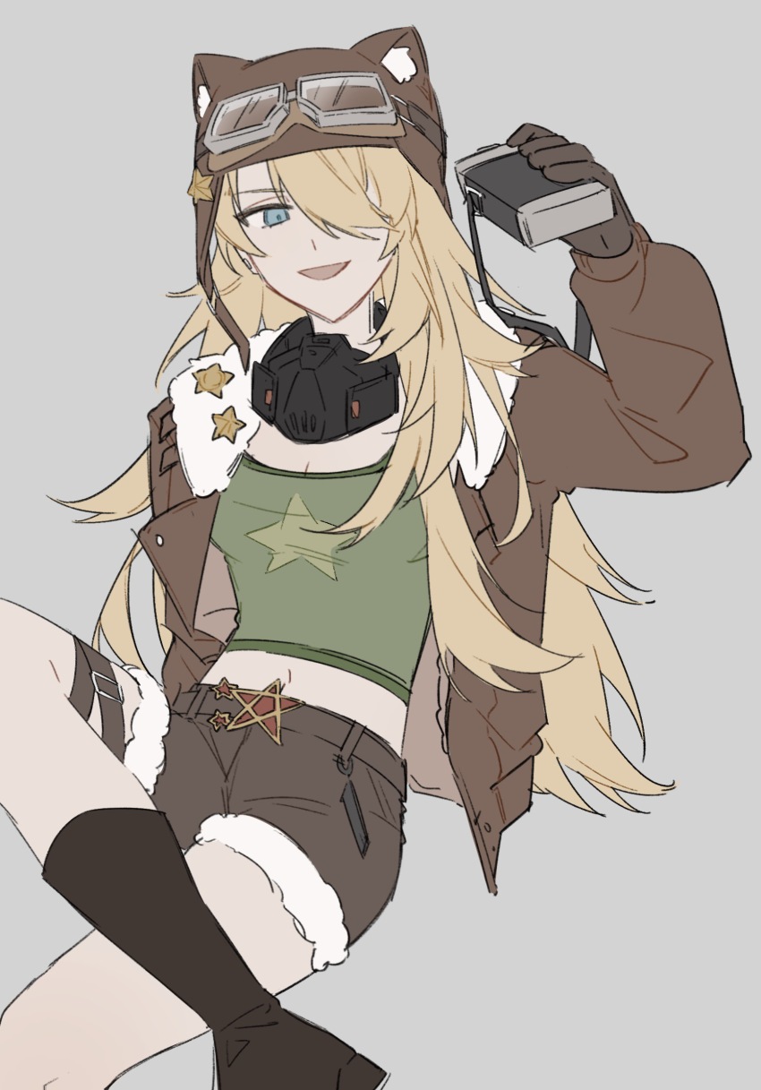 1girl :d animal_ear_headwear animal_ears aviator_cap belt black_footwear black_gloves blue_eyes breasts brown_hat brown_jacket brown_shorts cleavage cowboy_shot crossed_legs fake_animal_ears flat_color gloves goggles goggles_on_headwear green_shirt grey_background hair_over_one_eye hand_up hat highres holding_canteen invisible_chair iris769675331 jacket leg_up lilya_(reverse:1999) long_hair long_sleeves looking_at_viewer mask mask_around_neck medium_breasts one_eye_covered open_mouth oxygen_mask reverse:1999 shirt shorts sitting smile solo thigh_belt thigh_strap