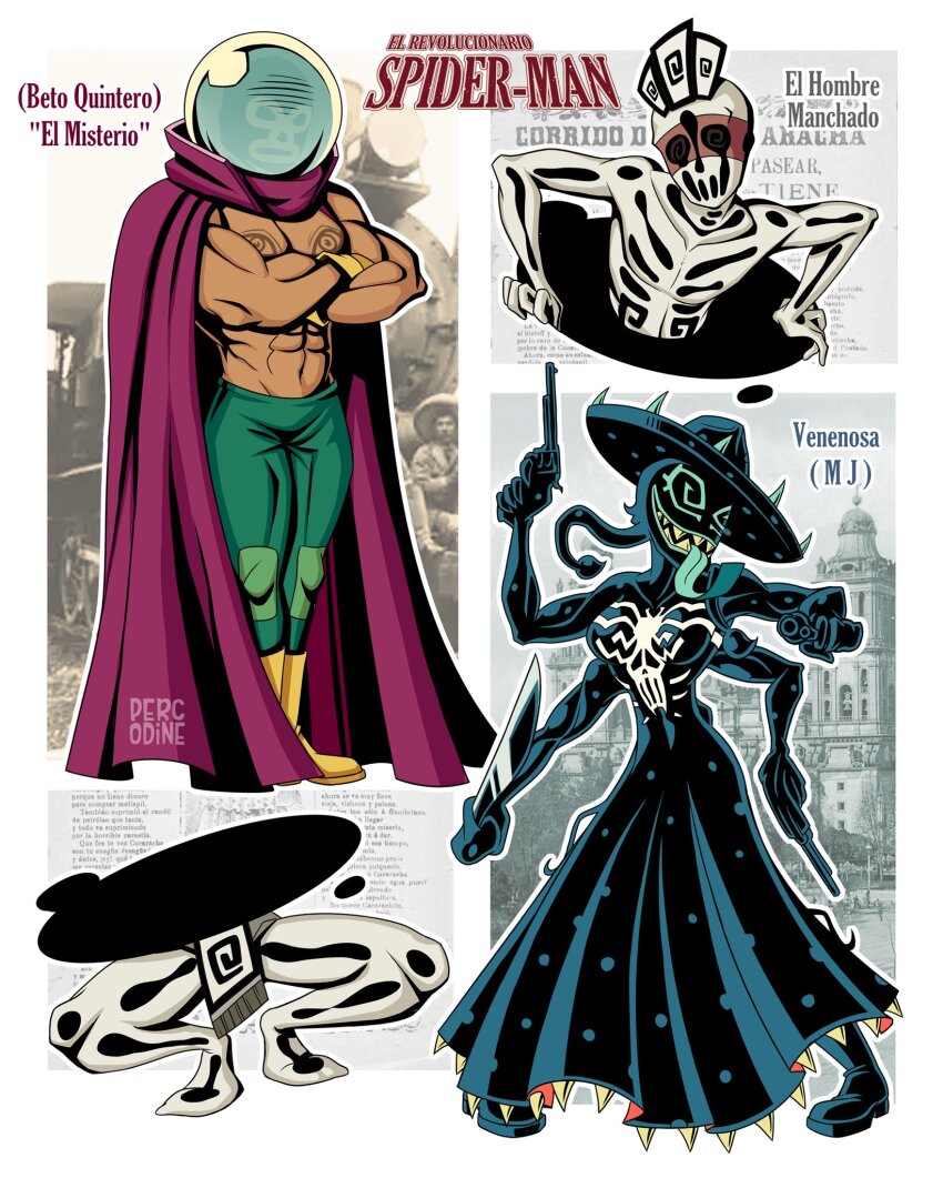 1girl 2boys abs bodysuit breasts hat highres long_tongue luchador luchador_mask marvel mask medium_breasts mexican_clothes mexican_revolution mexico multiple_boys muscular muscular_male mysterio open_mouth original percodine sharp_teeth she-venom sombrero spanish_text spider-man_(series) spot_(marvel) symbiote teeth tongue tongue_out topless_male venom_(marvel) very_long_tongue western_comics_(style) wrestler wrestling_mask wrestling_outfit