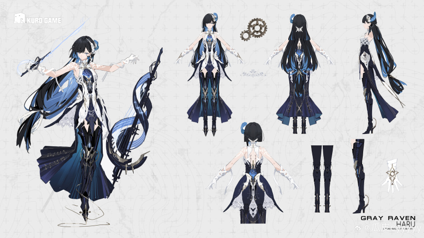 1girl absurdres black_hair blue_hair chinese_commentary colored_inner_hair copyright_name copyright_notice cyyyyy dress gears gloves grey_background grey_eyes highres mechanical_legs multicolored_hair multiple_views punishing:_gray_raven reference_sheet selena:_pianissimo_(pgr) selena_(pgr) watermark weibo_username weibo_watermark white_dress white_gloves