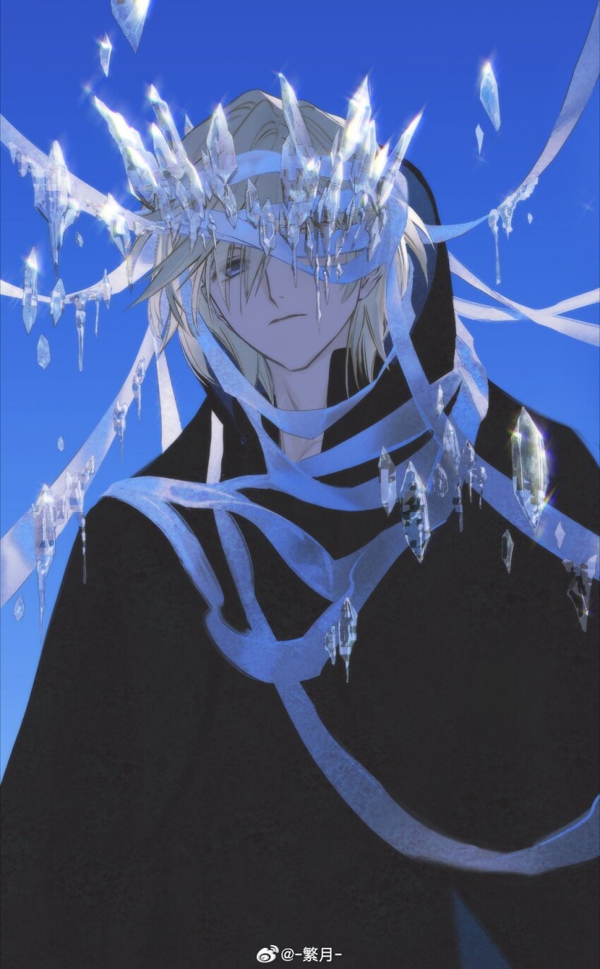 1boy bandage_over_one_eye bandaged_head bandages black_cloak black_robe blonde_hair blue_eyes blue_sky chinese_commentary cloak closed_mouth cowboy_shot crown expressionless fai_d._flowright glint hair_between_eyes highres hood hood_down hooded_cloak ice ice_shard icicle looking_at_viewer male_focus one_eye_covered robe sky solo tsubasa_chronicle watermark weibo_watermark yuefanfan