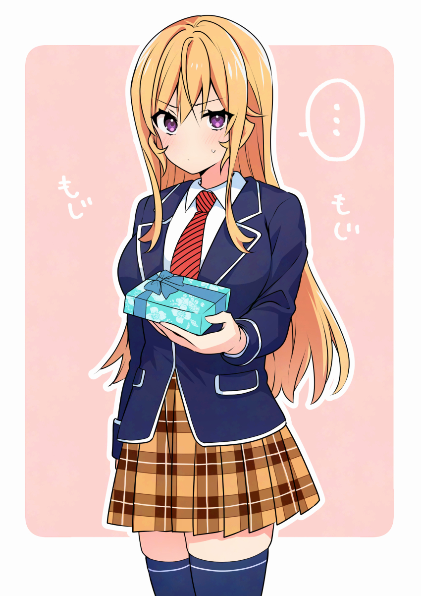 ... 1girl blazer blonde_hair blue_jacket blue_thighhighs blush border breasts brown_skirt closed_mouth collared_shirt cowboy_shot diagonal-striped_clothes diagonal-striped_necktie dot_mouth gift highres holding holding_gift jacket large_breasts long_hair long_sleeves looking_at_viewer nakiri_erina necktie outline outside_border pink_background plaid_clothes plaid_skirt pleated_skirt purple_eyes red_necktie shirt shokugeki_no_souma skirt small_sweatdrop solo spoken_ellipsis standing striped_clothes thighhighs tootsuki_saryou_ryouri_gakuen_uniform toy-black translation_request white_border white_outline white_shirt zettai_ryouiki