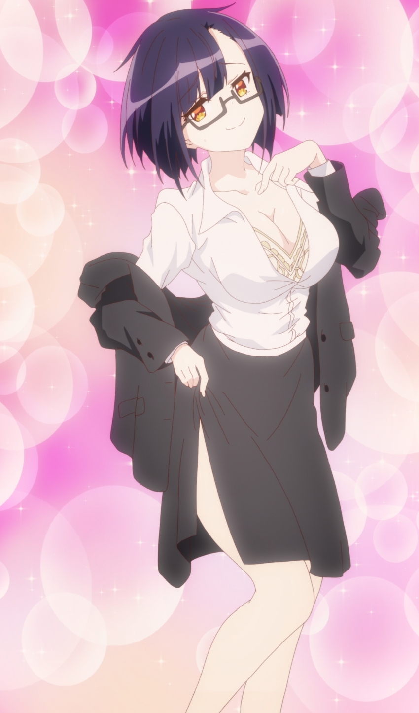 1girl absurdres bra breasts cleavage clothes_lift glasses highres large_breasts legs lifting_own_clothes looking_at_viewer nias_carlin office_lady orange_eyes ore_wa_seikan_kokka_no_akutoku_ryoushu! purple_hair seductive_gaze seductive_smile short_hair skirt skirt_lift smile solo stitches teasing thighs unbuttoned unbuttoned_shirt underwear