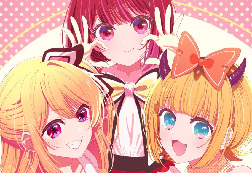 3girls :d a20_(atsumaru) arima_kana black_bow black_bowtie blonde_hair blunt_bangs bow bowtie fang grin hair_bow hands_up heart heart_hands horns hoshino_ruby medium_hair mem-cho multiple_girls open_mouth orange_bow oshi_no_ko pink_background pink_hair polka_dot polka_dot_background red_eyes red_hair smile star-shaped_pupils star_(symbol) symbol-shaped_pupils teeth upper_body white_background white_bow white_bowtie yellow_bow yellow_bowtie