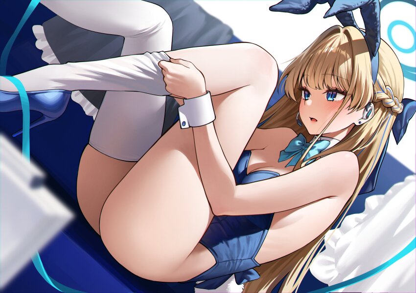 1girl absurdres adjusting_clothes adjusting_legwear animal_ear_hairband animal_ears ayoni_623 bare_shoulders blonde_hair blue_archive blue_bow blue_bowtie blue_eyes blue_hairband blue_halo blue_leotard blue_shoes blush bow bowtie breasts cleavage collar commentary couch detached_collar fake_animal_ears from_side hairband halo high_heels highleg highleg_leotard highres leotard long_hair medium_breasts official_alternate_costume parted_lips pumps shoes sitting solo stiletto_heels strapless strapless_leotard symbol-only_commentary thighhighs toki_(blue_archive) toki_(bunny)_(blue_archive) very_long_hair white_collar white_thighhighs white_wrist_cuffs wrist_cuffs
