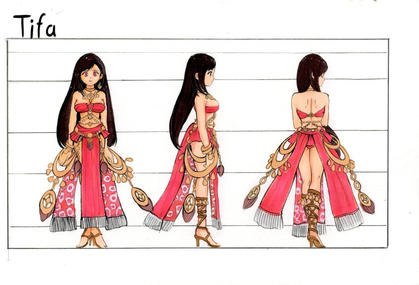 1girl absurdres alternate_costume bandeau belly_chain black_hair bracelet breasts character_name closed_mouth collar dancer dancer_(final_fantasy) dancer_outfit final_fantasy final_fantasy_vii final_fantasy_vii_remake final_fantasy_xiv from_behind from_side full_body high_heels highres hugo_artist jewelry large_breasts loincloth long_hair metal_collar midriff multiple_views profile red_bandeau red_eyes square_enix standing swept_bangs tifa_lockhart