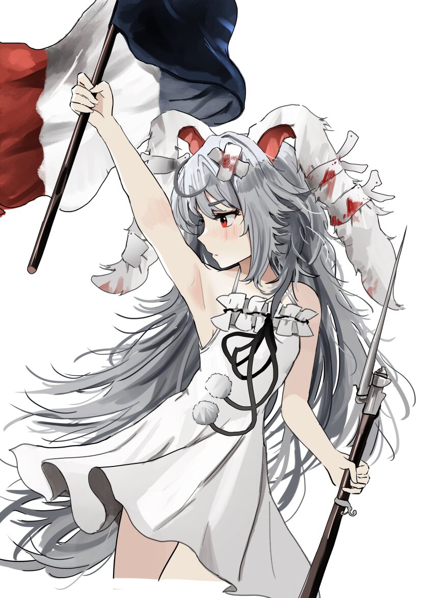 1girl absurdres animal_ears bandaged_ear bandaid closed_mouth commentary dress english_commentary fine_art_parody flag french_flag grey_hair highres holding holding_flag holding_weapon indie_virtual_youtuber liberty_leading_the_people long_hair ougiikun para_(vtuber) parody rabbit_ears red_eyes simple_background solo weapon white_background white_dress