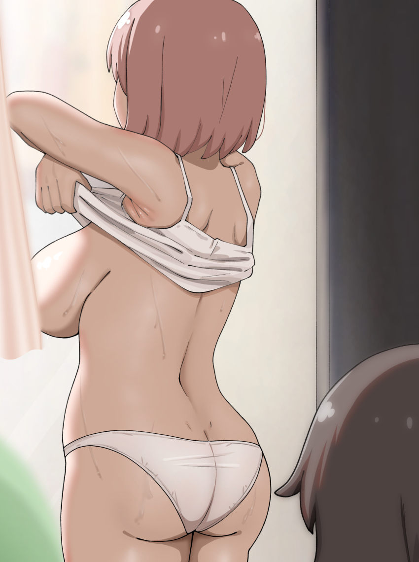 2girls absurdres armpit_crease ass back bare_shoulders blurry blurry_background breasts brown_hair convenient_censoring dimples_of_venus highres hoshino_miyako_(wataten) large_breasts matsumoto_kouko median_furrow medium_hair multiple_girls panties pink_hair poa_mellhen shoulder_blades solo_focus sweat tank_top thighs underwear undressing watashi_ni_tenshi_ga_maiorita! white_panties white_tank_top