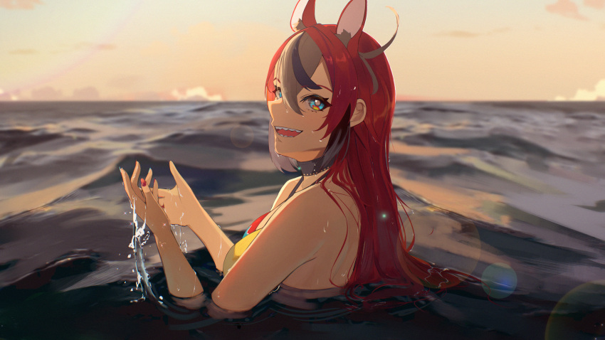 1girl absurdres animal_ears bare_shoulders bikini black_hair blue_bikini blue_eyes breasts grey_hair hakos_baelz highres hololive hololive_english mouse_ears mouse_girl moyomo multicolored_hair ocean partially_submerged red_bikini red_hair solo streaked_hair swimsuit virtual_youtuber water yellow_bikini