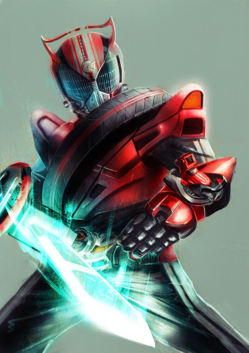 1boy armor belt belt-san blue_eyes commentary_request compound_eyes drive_driver gloves grey_background highres holding holding_weapon kamen_rider kamen_rider_drive kamen_rider_drive_(series) luke001 male_focus partial_commentary red_armor red_belt rider_belt shift_brace shift_car simple_background solo type_speed unused_tire weapon