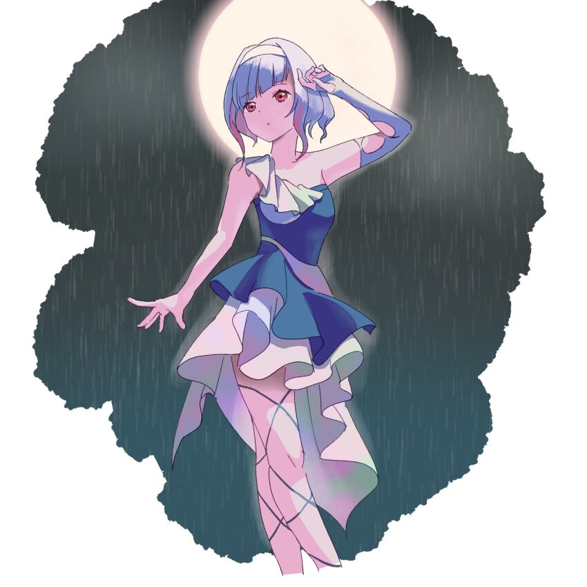 1girl blue_dress bob_cut breasts colored_inner_hair commentary cropped_legs detached_sleeves diagonal_bangs dress frilled_dress frills full_moon grey_hair hairband highres inverted_bob link!_like!_love_live! love_live! medium_breasts moon multicolored_hair night pink_hair rain red_eyes short_dress short_hair single-shoulder_dress single_bare_shoulder single_detached_sleeve solo streaked_hair thumb_hole_sleeves tsubasa_la_liberte virtual_youtuber white_hairband white_sleeves yugiri_tsuzuri yulittlove