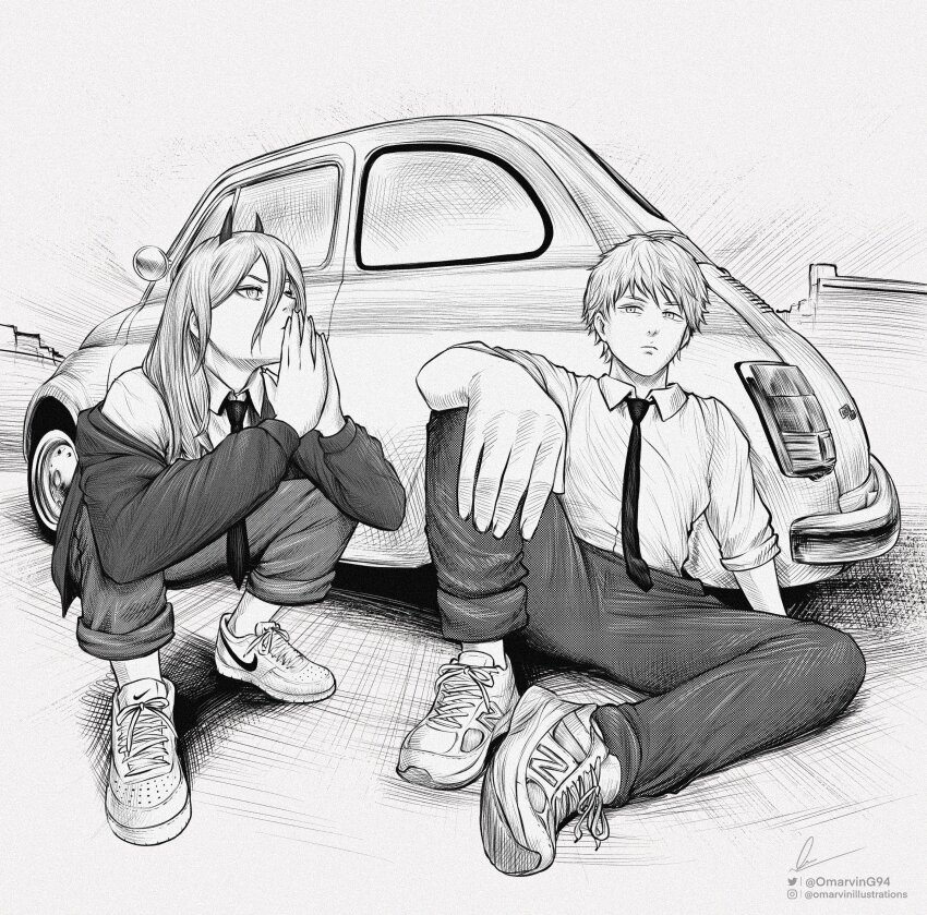 1boy 1girl absurdres black_necktie black_pants car chainsaw_man collared_shirt demon_horns denji_(chainsaw_man) fiat fiat_500 greyscale hair_between_eyes highres horns instagram_username long_hair looking_at_viewer marvin_(omarvin) monochrome motor_vehicle necktie pants power_(chainsaw_man) shirt short_hair signature twitter_username white_shirt