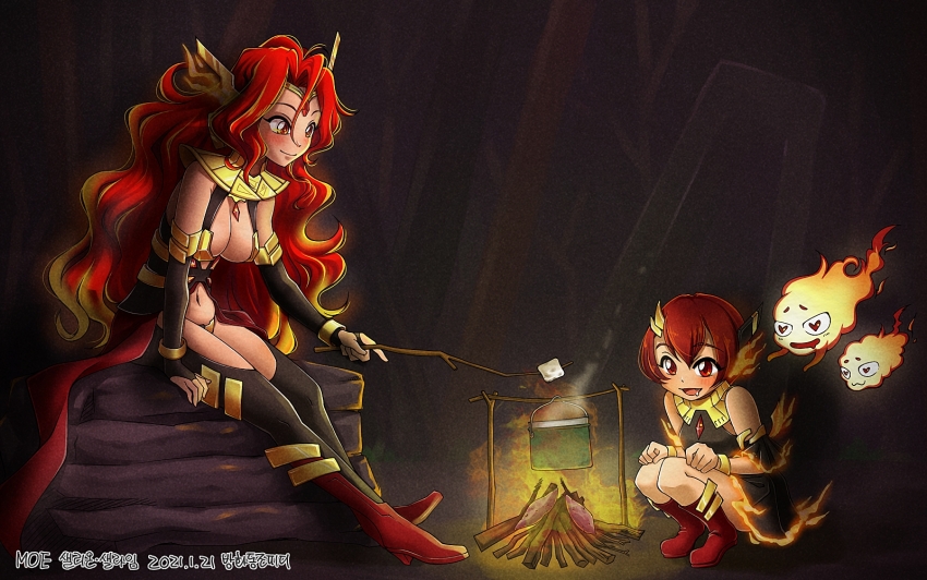 2girls :3 arm_support artist_name banghwadongjopidi bare_shoulders black_dress boots bracelet branch breasts bucket campfire center_opening character_name circlet cleavage closed_mouth clothing_cutout commentary_request copyright_name dated detached_sleeves dress fang fire fireball food forest gem hair_between_eyes hair_ornament hands_on_own_knees heart heart-shaped_pupils high_heels highres holding holding_branch jewelry korean_commentary long_hair looking_at_another marshmallow master_of_eternity multiple_girls nature navel_cutout night on_ground on_rock open_mouth outdoors partial_commentary red_eyes red_footwear red_gemstone red_hair salaime_(master_of_eternity) sallion_(master_of_eternity) short_hair sitting sleeveless sleeveless_dress smile symbol-shaped_pupils thigh_cutout wavy_hair
