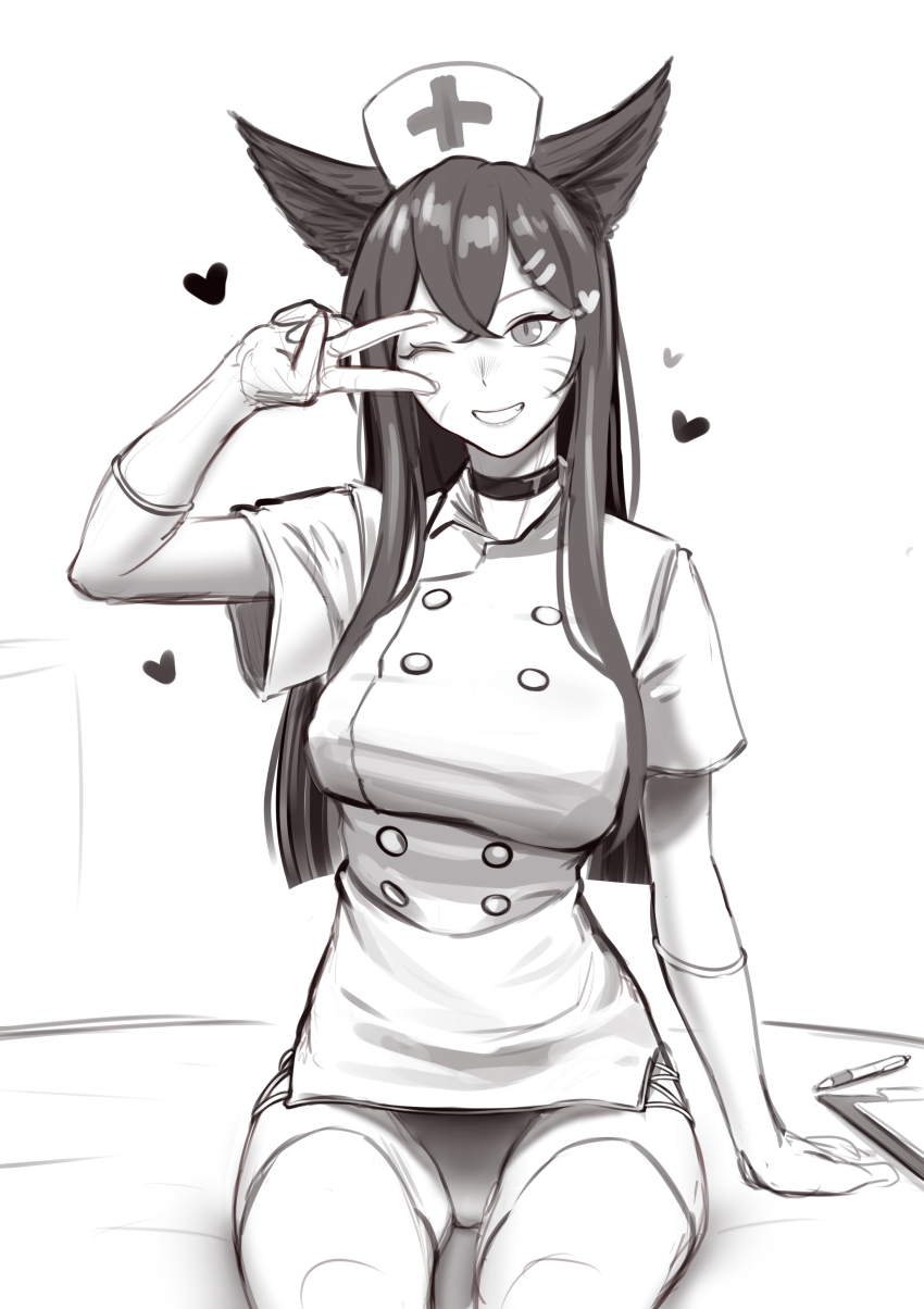 1girl ;d absurdres ahri_(league_of_legends) animal_ears breasts cel_da_lin elbow_gloves fox_ears gloves grey_background greyscale grin hair_between_eyes hair_ornament hairclip hat heart heart_hair_ornament highres large_breasts league_of_legends monochrome nurse nurse_cap one_eye_closed open_mouth panties pen short_sleeves smile solo teeth thighhighs underwear v v_over_eye