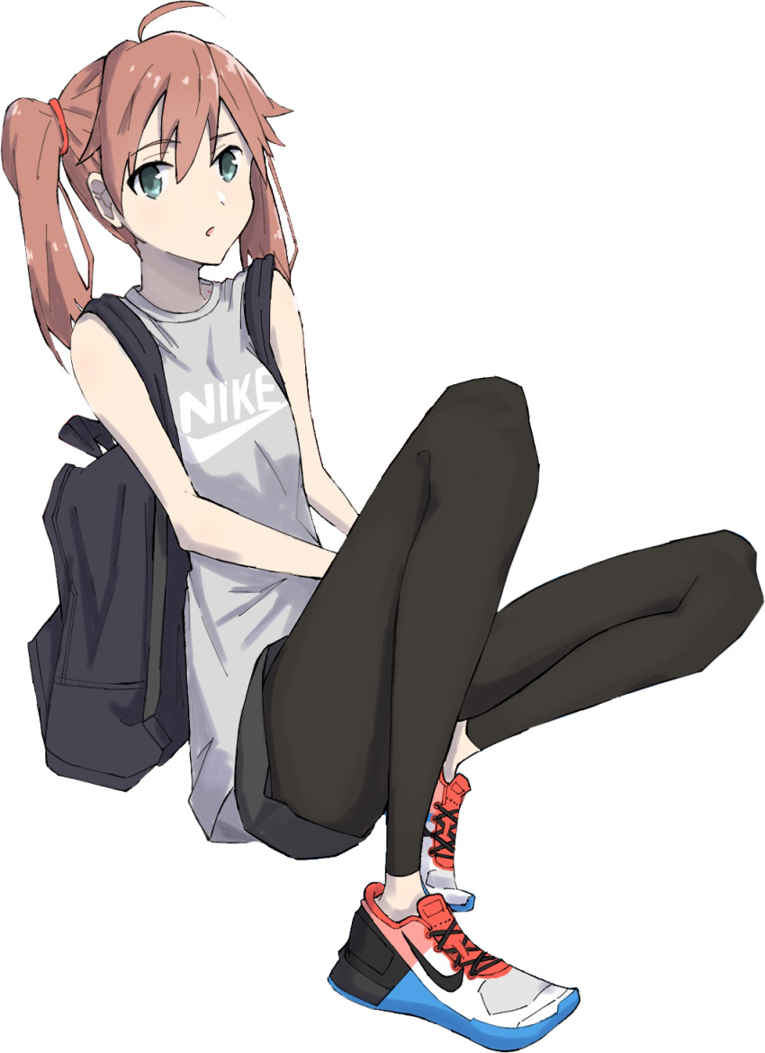 1girl ahoge backpack bag bare_shoulders breasts brown_hair darling_in_the_franxx full_body green_eyes highres miku_(darling_in_the_franxx) nike_(company) pants shoes side_ponytail small_breasts sneakers transparent_background