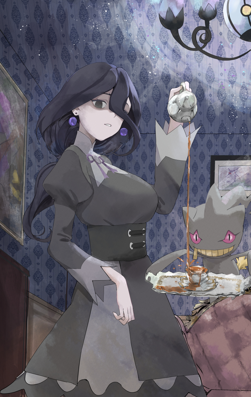 1girl absurdres banette black_dress black_hair chandelure cup dress earrings gen_3_pokemon gen_5_pokemon hex_maniac_(pokemon) hex_maniac_(pokemon_legends:_z-a) highres holding holding_cup jewelry juliet_sleeves long_sleeves mi_(pixiv_68475537) nintendo pokemon pokemon_(creature) pokemon_legends:_z-a puffy_sleeves tea teapot