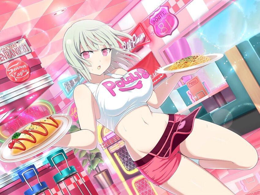 1girl :o apron bar_(place) blunt_bangs blunt_ends blunt_tresses blush booth_seating bouncing_breasts bowl breasts broccoli ceiling chair cherry_tomato diner employee_uniform food green_hair groin highres holding holding_bowl hooters jukebox ketchup large_breasts leaf lens_flare license_plate light_particles linea_alba logo looking_at_viewer menu naraku_(senran_kagura) navel neon_lights official_alternate_costume official_art omelet omurice parsley pasta pink_eyes pink_shorts plant plate potted_plant print_tank_top restaurant senran_kagura senran_kagura_new_link short_hair short_shorts shorts solo sparkle standing standing_on_one_leg tank_top tile_ceiling tile_floor tile_wall tiles tomato waitress white_tank_top window yaegashi_nan
