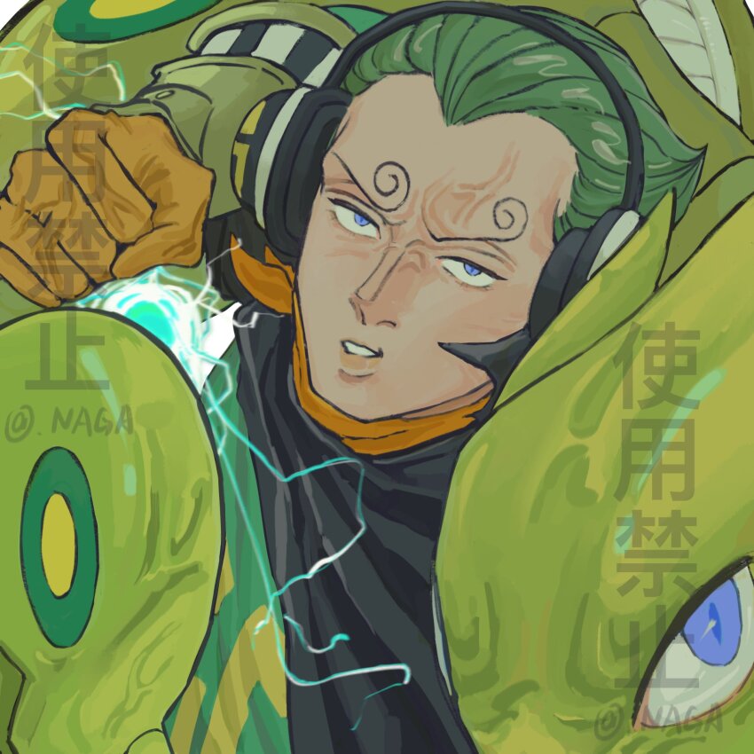 1boy alternate_color clenched_hand curly_eyebrows energy gen_2_pokemon green_hair headphones highres looking_at_viewer male_focus nagavvv nintendo one_piece pokemon purple_eyes scizor shiny_pokemon short_hair simple_background solo upper_body vinsmoke_yonji white_background