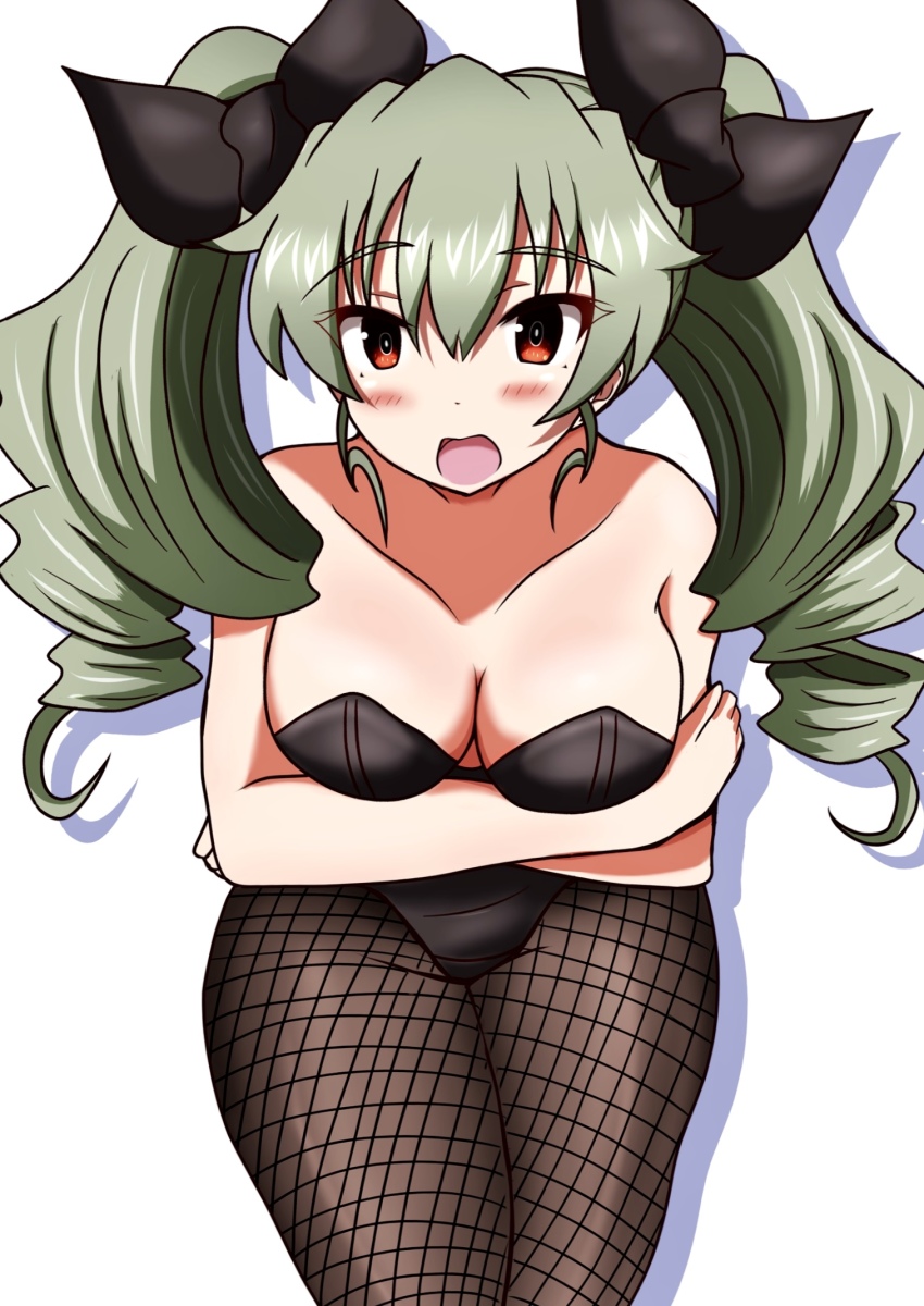 1girl anchovy_(girls_und_panzer) bare_shoulders blush breast_hold breasts cleavage commentary crossed_arms drill_hair fishnet_pantyhose fishnets girls_und_panzer green_hair hair_ribbon highres leaning_forward leotard long_hair looking_at_viewer medium_breasts meiya pantyhose playboy_bunny red_eyes ribbon shadow simple_background solo standing strapless strapless_leotard twin_drills twintails