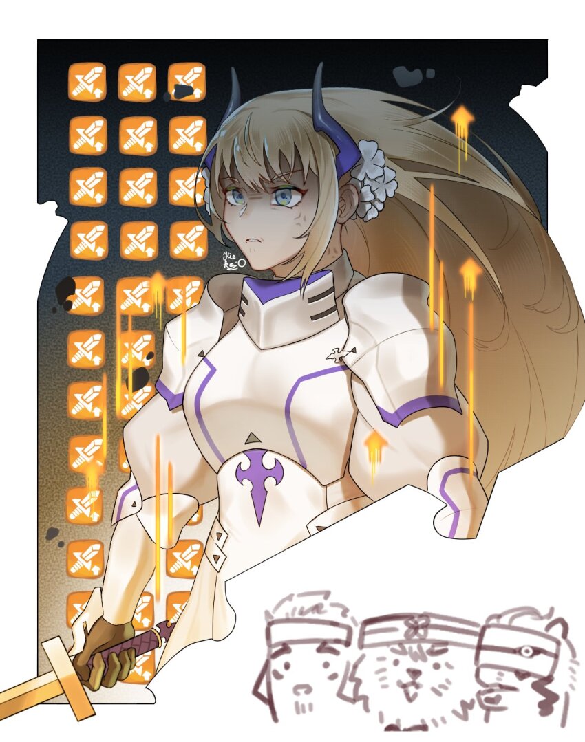 angry armor arrow_(symbol) blonde_hair cerastium_(live_a_hero) flower hair_flower hair_ornament highres kiekoio live_a_hero rexer_(live_a_hero) shaft_(live_a_hero) shield toshu_(live_a_hero)