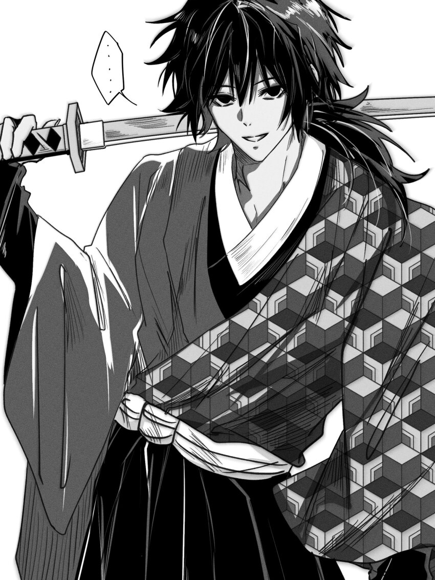 ... 1boy candy_yyn cowboy_shot empty_eyes fingernails greyscale grin hair_between_eyes hakama highres holding holding_sword holding_weapon japanese_clothes katana kikkoumon kimetsu_no_yaiba kimono long_hair looking_at_viewer low_ponytail male_focus monochrome ponytail print_kimono simple_background smile solo speech_bubble spiked_hair spoken_ellipsis standing sword teeth tomioka_giyuu weapon white_background