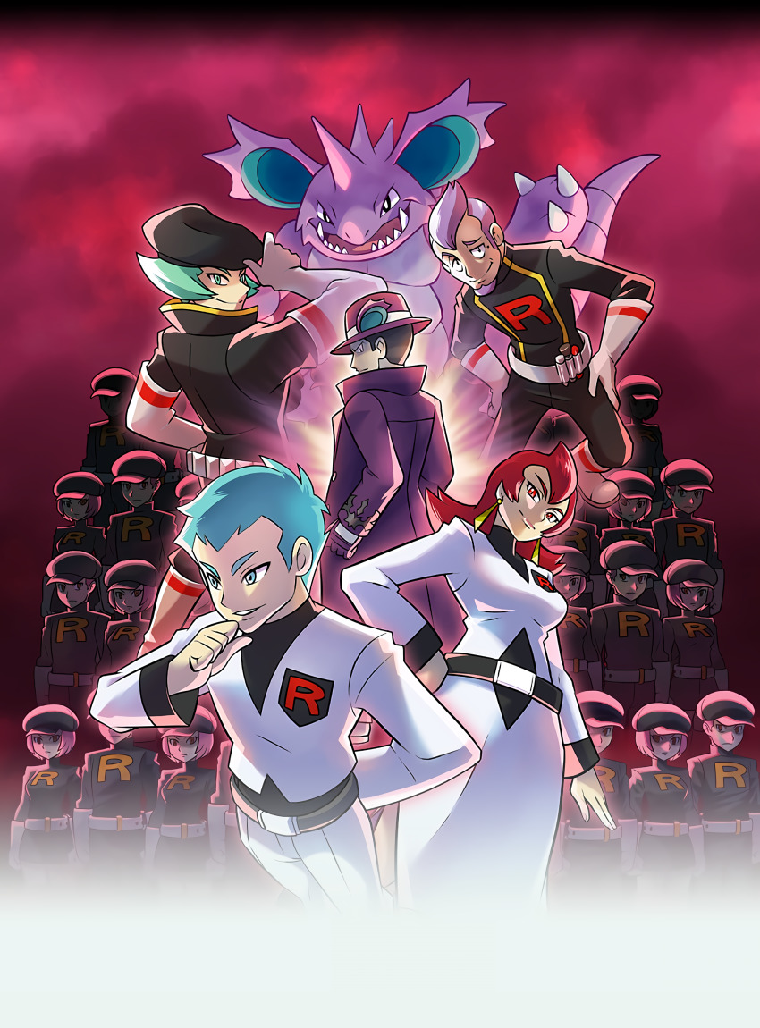 6+boys 6+girls absurdres archer_(pokemon) ariana_(pokemon) belt belt_buckle black_headwear black_jacket buckle closed_mouth coat earrings gen_1_pokemon giovanni_(pokemon) giovanni_(sygna_suit)_(pokemon) gloves green_eyes green_hair hand_up hat highres jacket jewelry logo long_hair long_sleeves multiple_boys multiple_girls nidoking nintendo non-web_source official_alternate_costume official_art pants parted_lips petrel_(pokemon) pokemon pokemon_(creature) pokemon_hgss pokemon_masters_ex proton_(pokemon) purple_coat purple_headwear red_eyes red_hair short_hair smile team_rocket team_rocket_grunt team_rocket_uniform white_gloves white_jacket white_pants