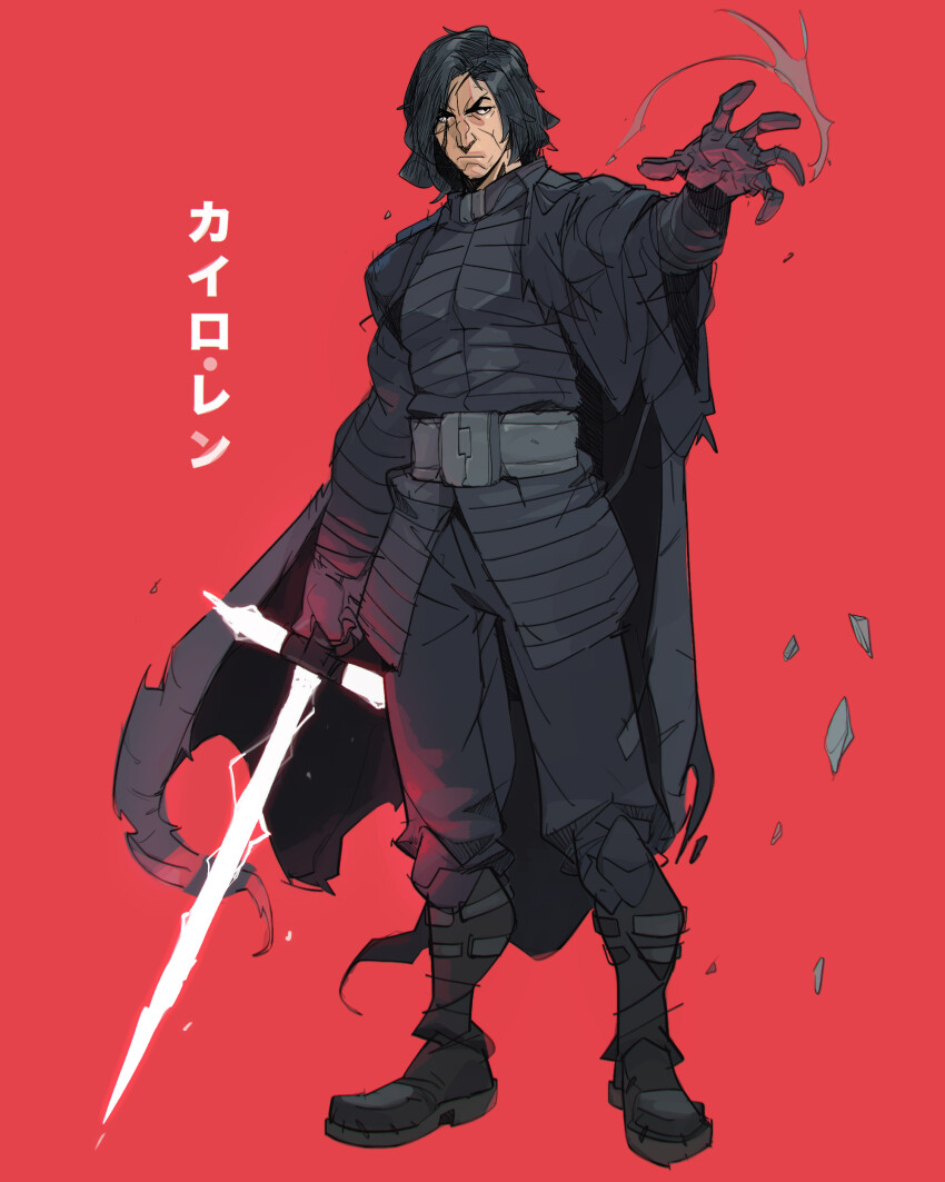 1boy absurdres belt belt_pouch black_boots black_cloak black_gloves black_hair black_pants black_tunic boots cloak crossguard_lightsaber energy_sword full_body gloves grey_belt hicham_habchi highres holding holding_sword holding_weapon kylo_ren lightsaber looking_at_viewer medium_hair pants pouch red_background scar scar_across_eye scar_on_face simple_background solo star_wars sword translation_request tunic weapon white_lightsaber