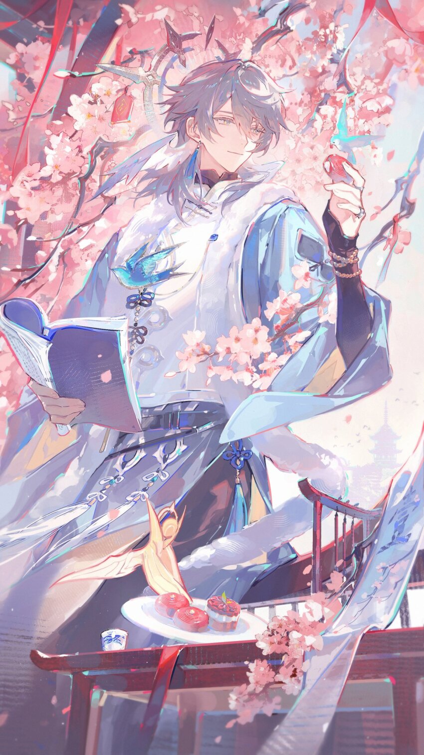 1boy bead_bracelet beads beak belt bird bird_ornament black_belt black_pants blue_bird blue_ribbon blue_shirt blue_sky book bracelet branch bridal_gauntlets cherry_blossoms closed_mouth cup day earrings feathered_wings flower food grey_hair hair_between_eyes halo halo_behind_head hands_up head_wings highres holding holding_book holding_food honkai:_star_rail honkai_(series) jewelry long_sleeves looking_at_animal male_focus mandarin_collar open_book outdoors pants paper_doll pastry pelvic_curtain petals pink_flower plate renjian_shilian ribbon shirt short_hair sidelocks single_earring sky smile solo standing sunday_(honkai:_star_rail) table tassel tassel_earrings tree vest white_vest wide_sleeves wings yellow_eyes
