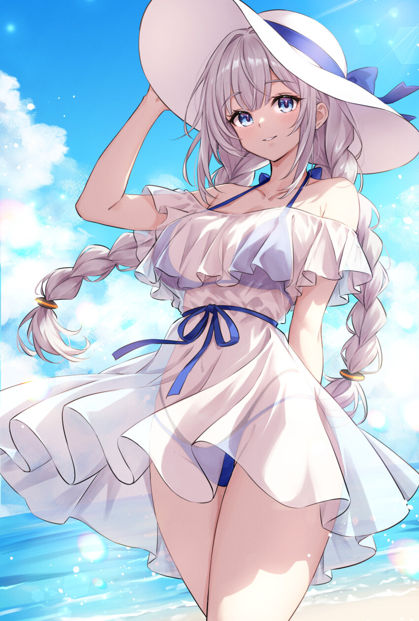 1girl arm_behind_back beach bikini blue_bikini blue_bow blue_eyes blue_ribbon bow braid breasts cowboy_shot dress hand_on_headwear hat highres kizuna_akari large_breasts long_hair looking_at_viewer low_twin_braids navel ocean ribbon see-through_clothes see-through_dress shiraiwa_usagi smile solo stomach sun_hat sundress swimsuit twin_braids voiceroid white_dress white_hair white_hat