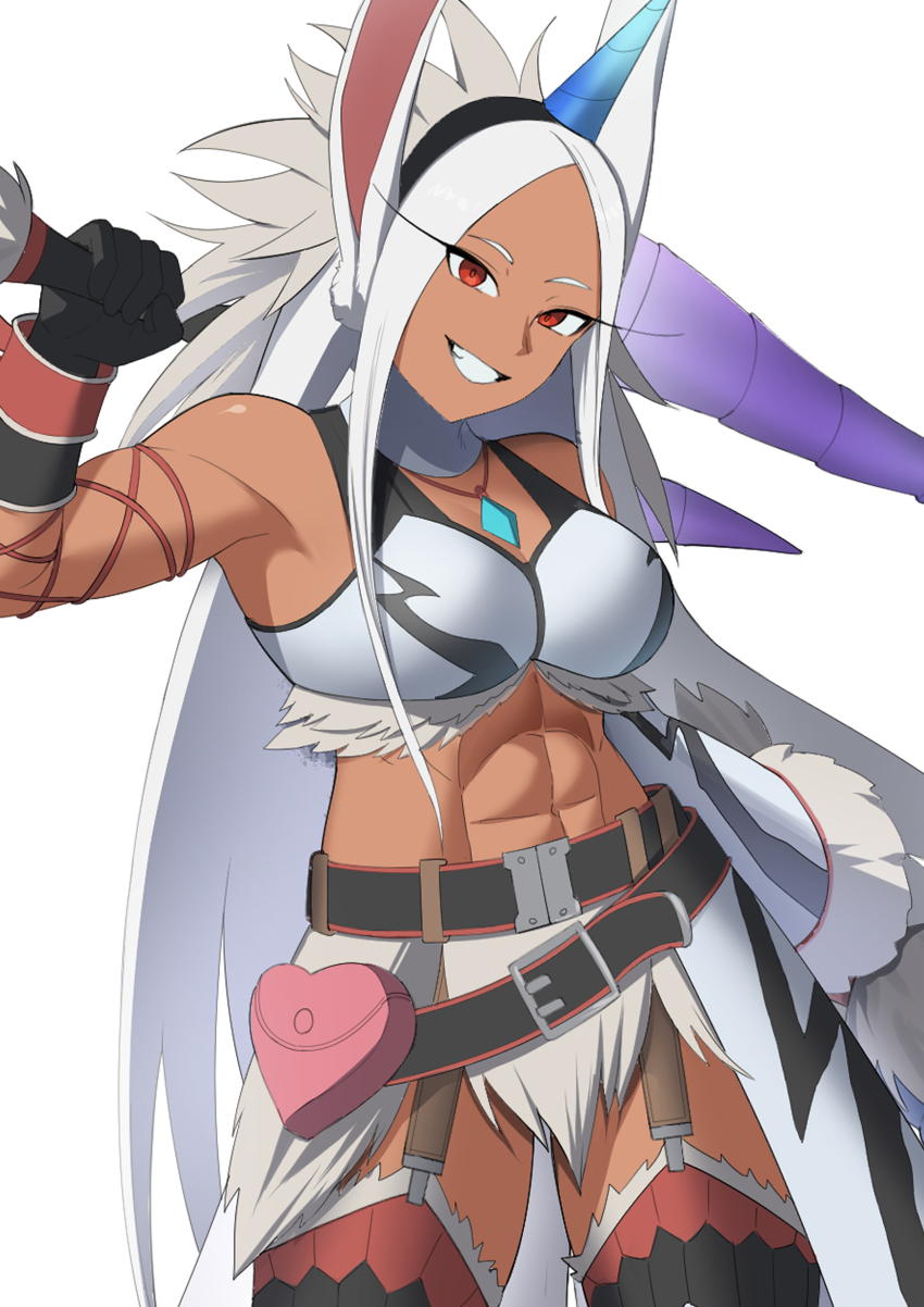 1girl abs animal_ears bare_shoulders black_gloves black_hairband boku_no_hero_academia breasts brown_garter_straps commentary dark-skinned_female dark_skin detached_sleeves english_commentary fake_horns fur_trim gloves grin hairband heart-shaped_bag highres holding holding_sword holding_weapon horns jewelry kirin_(armor) kritta88 large_breasts loincloth long_eyelashes long_hair looking_at_viewer midriff mirko monster_hunter_(series) muscular muscular_female navel necklace over_shoulder parted_bangs rabbit_ears rabbit_girl red_eyes simple_background single_detached_sleeve single_horn smile solo sword thick_thighs thighhighs thighs very_long_hair weapon weapon_over_shoulder white_background white_hair