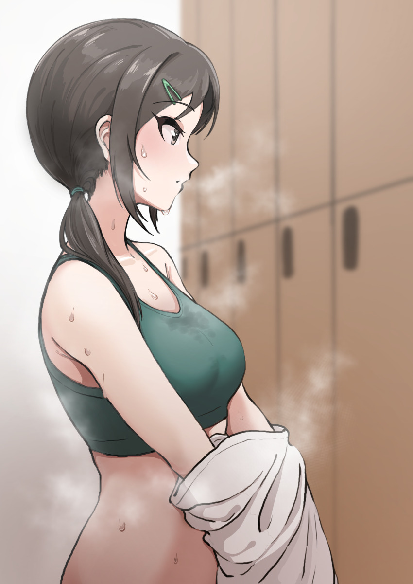 1girl absurdres aoki_kei bare_shoulders black_hair bra breasts brown_hair closed_mouth collarbone from_side hair_ornament hair_over_shoulder hairclip highres idolmaster idolmaster_cinderella_girls indoors large_breasts locker locker_room long_hair medium_breasts ponytail profile solo sports_bra sweat trainer_(idolmaster) underwear undressing upper_body ushimochi