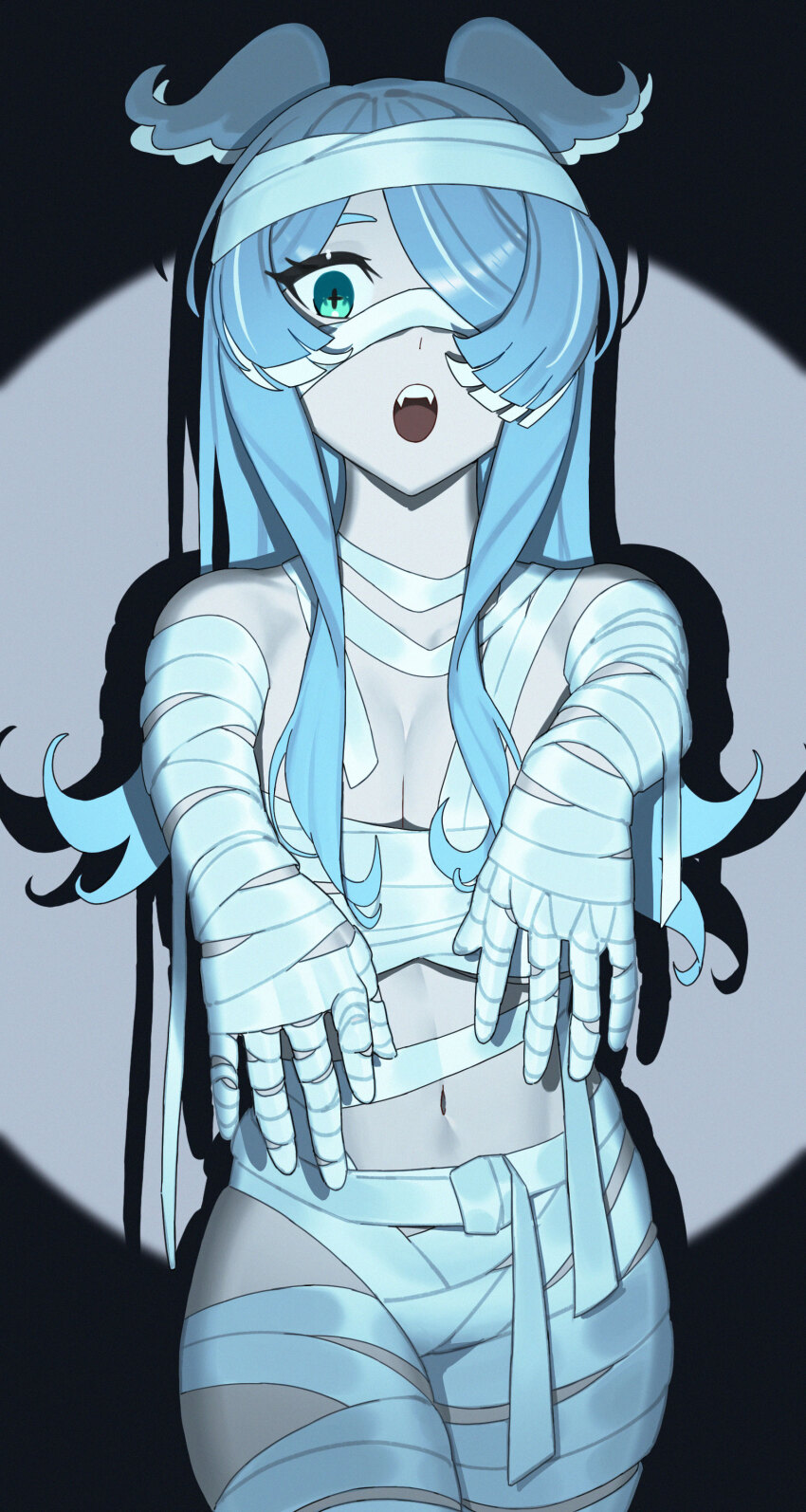 1girl :o absurdres alternate_costume aqua_eyes asymmetrical_bangs asymmetrical_sidelocks bandaged_arm bandaged_chest bandaged_hand bandaged_head bandaged_leg bandaged_torso bandaged_waist bandages bare_shoulders blue_hair blue_wings breasts chest_sarashi cleavage colored_tips commentary cross-shaped_pupils dark dot_nose elira_pendora english_commentary eyebrows_hidden_by_hair fangs green_eyes groin hair_over_one_eye hair_wings halloween halloween_costume head_wings highres karassawa leg_up long_eyelashes long_hair looking_at_viewer loose_bandages multicolored_hair mummy_costume naked_bandage navel nijisanji nijisanji_en open_hands open_mouth outstretched_arms pale_skin parted_bangs raised_eyebrows sarashi shadow solo spotlight standing straight-on streaked_hair symbol-shaped_pupils teeth thick_eyelashes thighs two-tone_hair two-tone_wings upper_teeth_only very_long_hair virtual_youtuber white_hair white_streaks white_wings wide-eyed wide_hips wings zombie_pose