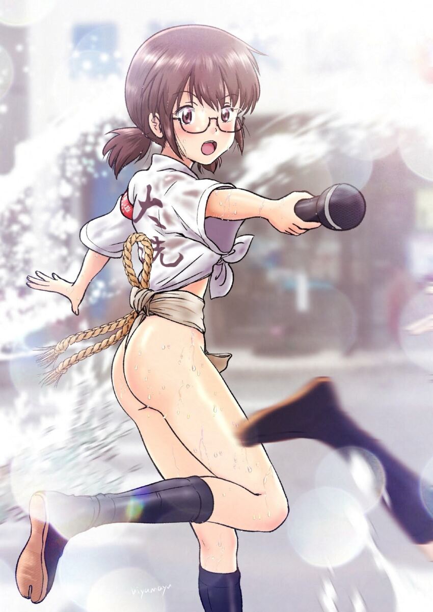 1girl ass blush brown_eyes brown_hair fundoshi girls_und_panzer glasses highres hiyama_yuu_(wee259hiyama) japanese_clothes microphone open_mouth ou_taiga short_hair smile solo sweat twintails