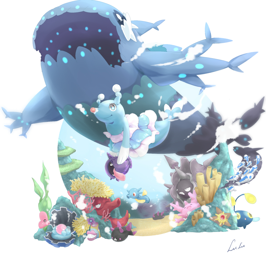 brionne bruxish chinchou chinese_commentary cloyster commentary_request corsola creature fish gen_1_pokemon gen_2_pokemon gen_3_pokemon gen_7_pokemon highres holding holding_pokemon horsea littlelluu nintendo no_humans octillery pokemon pokemon_(creature) pyukumuku shellder staryu underwater water wishiwashi wishiwashi_(school)