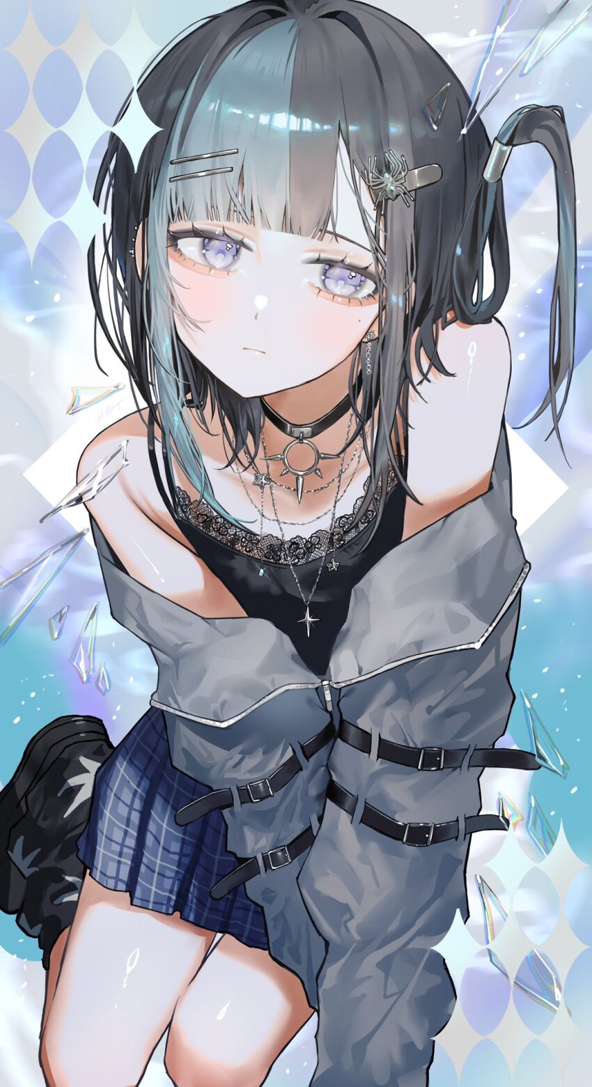 1girl aqua_hair bare_shoulders black_choker black_hair black_shirt black_shoes blue_skirt choker grey_eyes grey_jacket hair_ornament hairclip hakai_orz highres jacket looking_at_viewer multicolored_hair off-shoulder_jacket off_shoulder original plaid_clothes plaid_skirt shirt shoes short_hair_with_long_locks skirt sleeveless sleeveless_shirt solo two-tone_hair